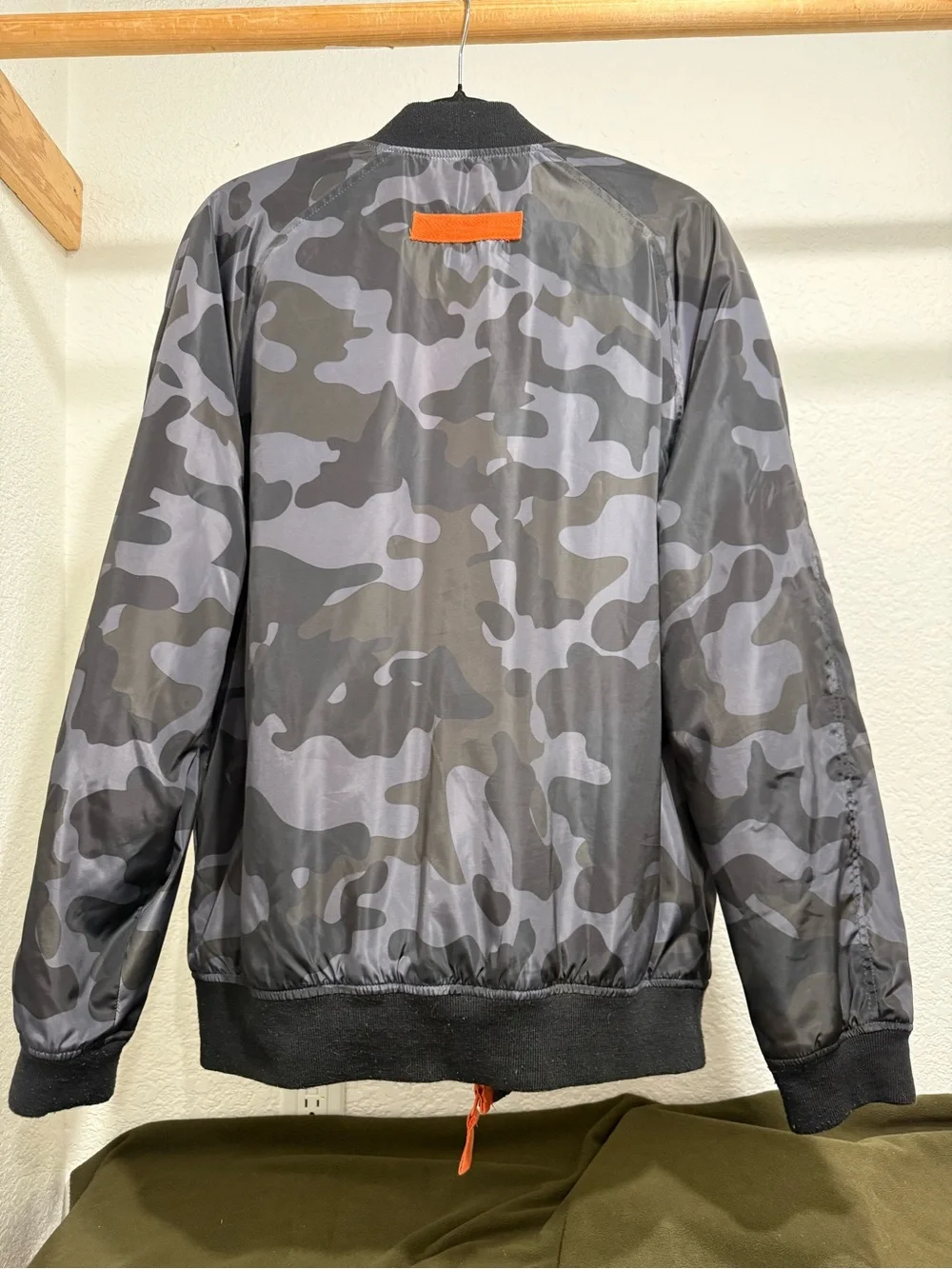 American Rag Gray Camo Bomber Jacket with Orange Lining